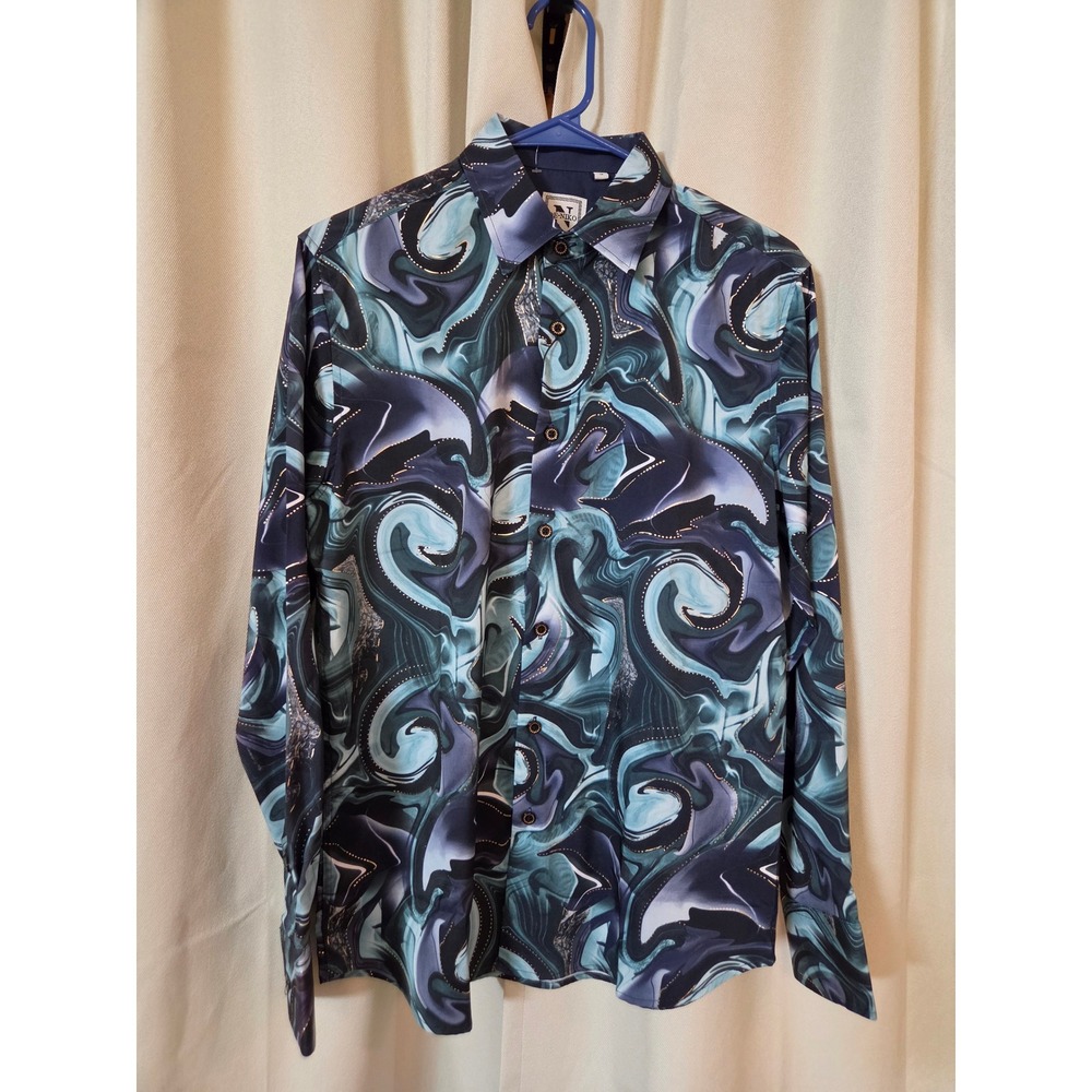 DE-NIKO Mens Teal Navy Marbled Swirl Gold Foil Button Down Shirt Small